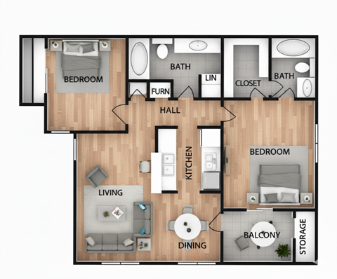 Floor plan for 2 beds, 2 baths, 854 sqft